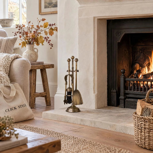 Antique Brass Fireside Companion Set with Ball-Topped Handles – 4 Piece Metal Fireplace Tool Set 40x12x12cm beside traditional fireplace in light country interior | Click Style
