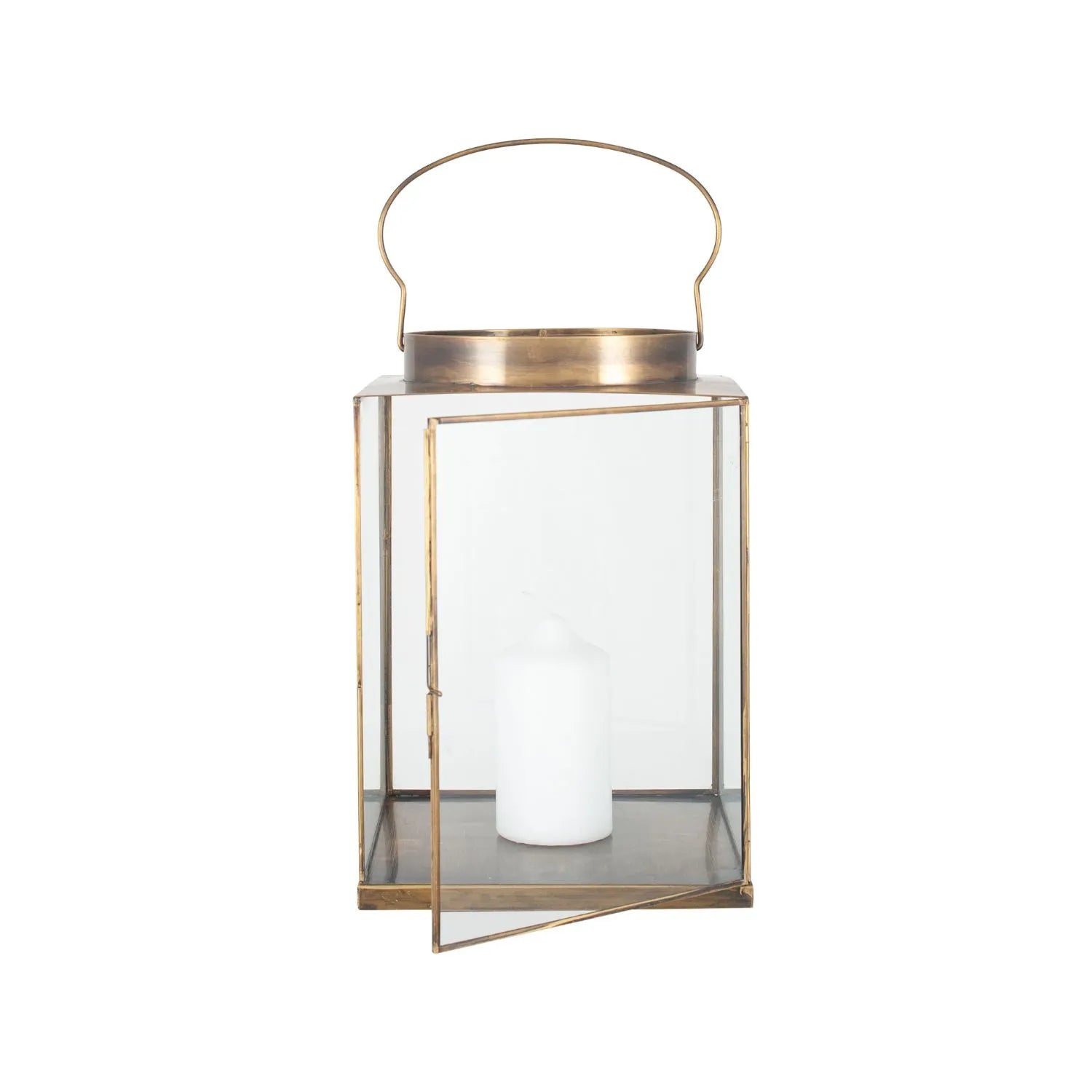 Antique Brass Lantern with Glass Panels & Loop Handle – Decorative Brass Candle Holder 37x25x25cm - Click Style