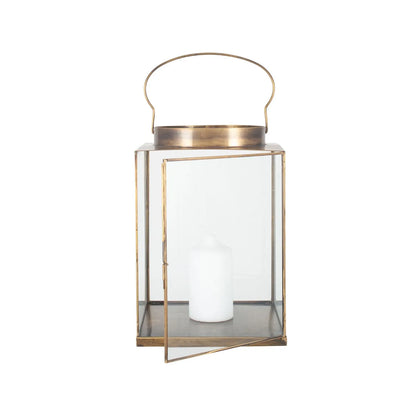 Antique Brass Lantern with Glass Panels & Loop Handle – Decorative Brass Candle Holder 37x25x25cm - Click Style