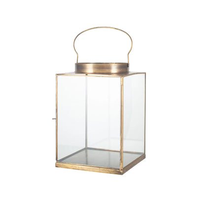 Antique Brass Lantern with Glass Panels & Loop Handle – Decorative Brass Candle Holder 37x25x25cm - Click Style