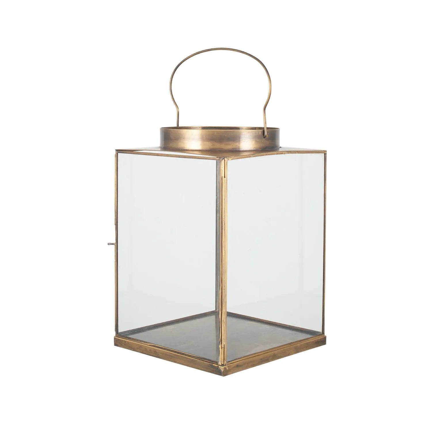 Antique Brass Lantern with Glass Panels & Loop Handle – Decorative Brass Candle Holder 37x25x25cm - Click Style