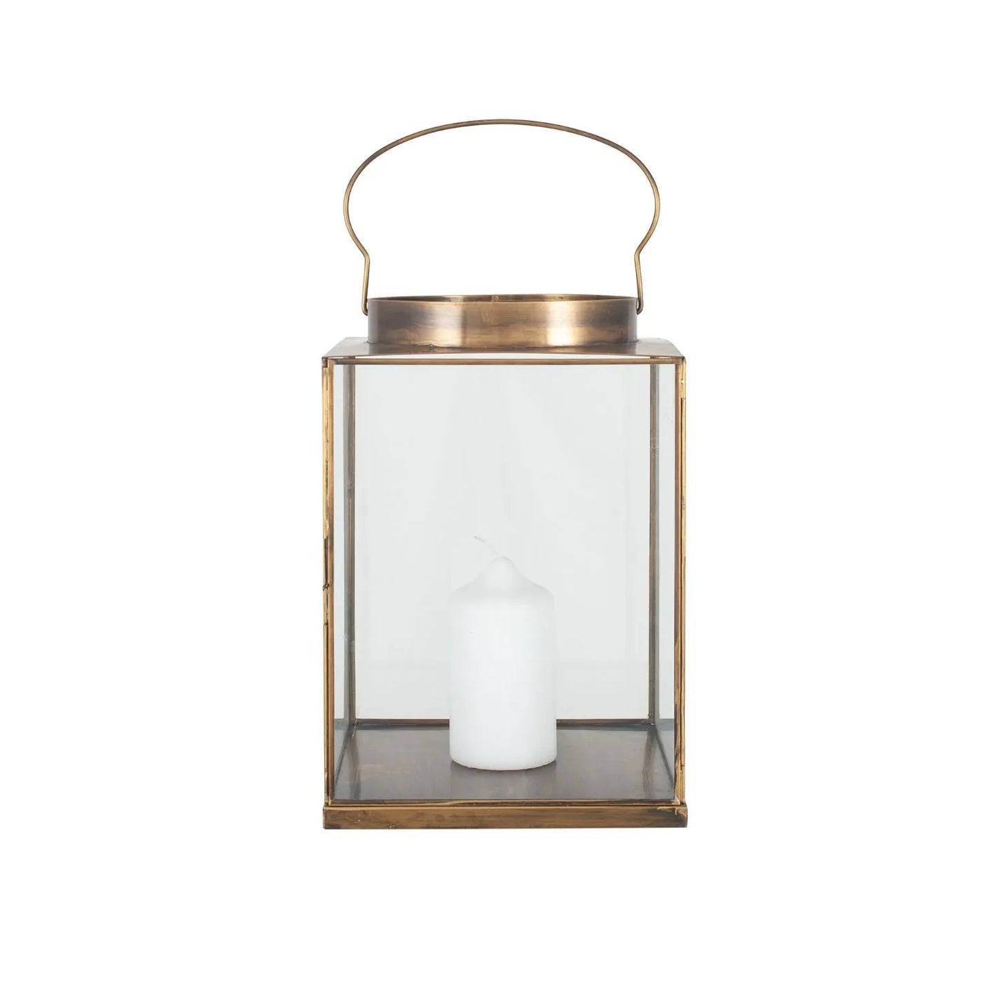 Antique Brass Lantern with Glass Panels & Loop Handle – Decorative Brass Candle Holder 37x25x25cm - Click Style