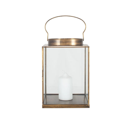 Antique Brass Lantern with Glass Panels & Loop Handle – Decorative Brass Candle Holder 37x25x25cm - Click Style