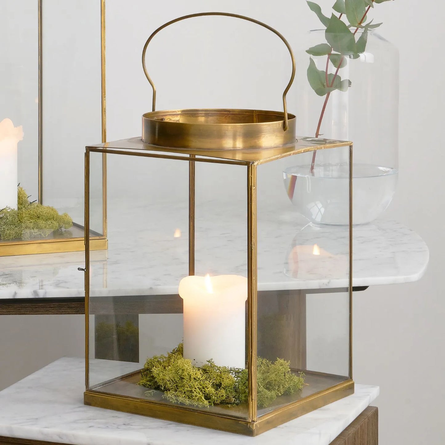 Antique Brass Lantern with Glass Panels & Loop Handle – Decorative Brass Candle Holder 37x25x25cm - Click Style