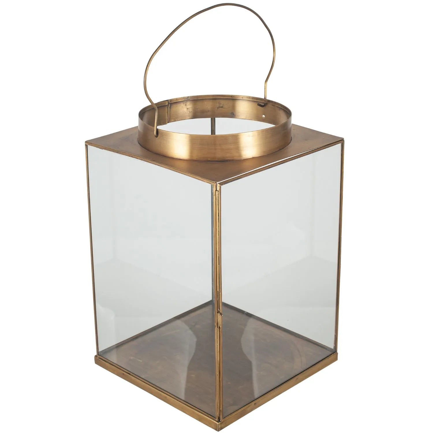 Antique Brass Lantern with Glass Panels & Loop Handle – Large Decorative Brass Candle Holder 45x30x30cm - Click Style