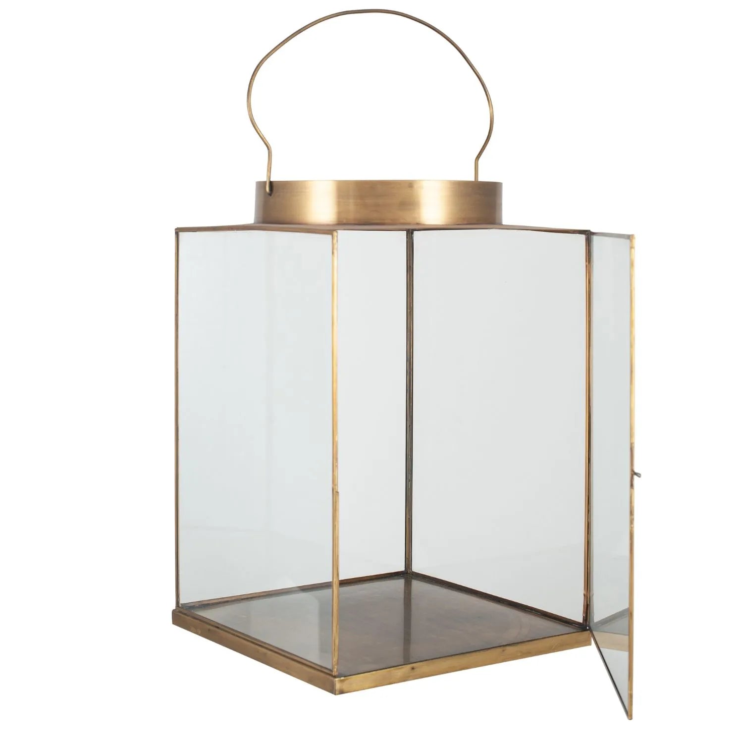 Antique Brass Lantern with Glass Panels & Loop Handle – Large Decorative Brass Candle Holder 45x30x30cm - Click Style