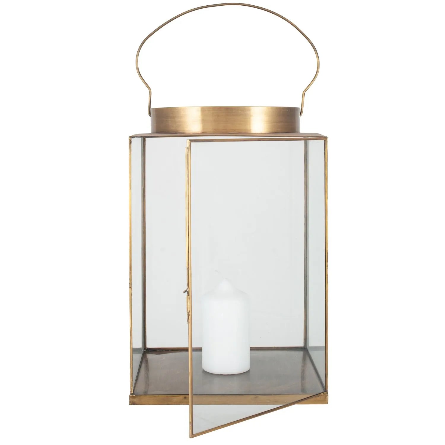 Antique Brass Lantern with Glass Panels & Loop Handle – Large Decorative Brass Candle Holder 45x30x30cm - Click Style