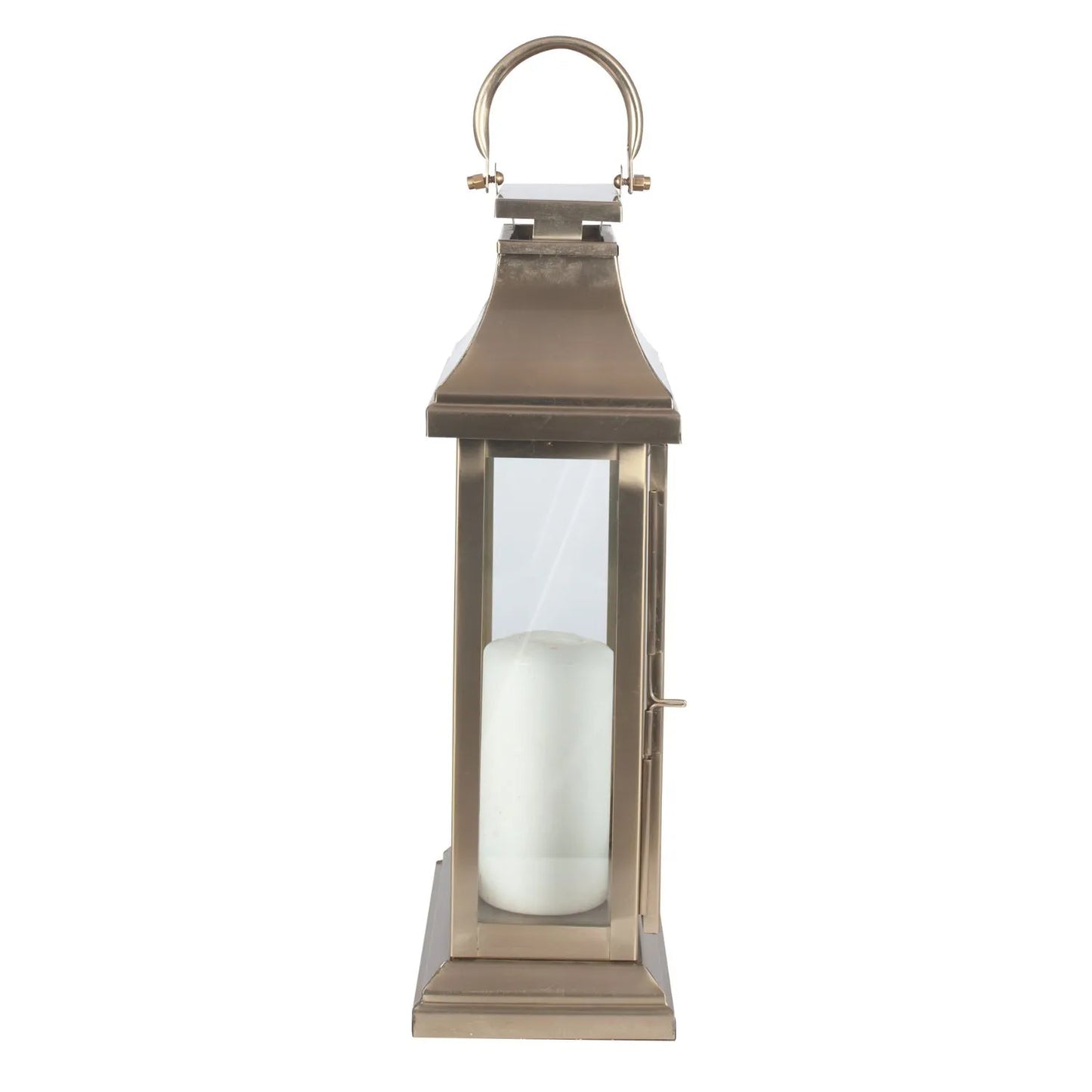 Antique Brass Lantern with Glass Panels & Metal Handle – Steel Candle Holder 43x25x13cm - Click Style