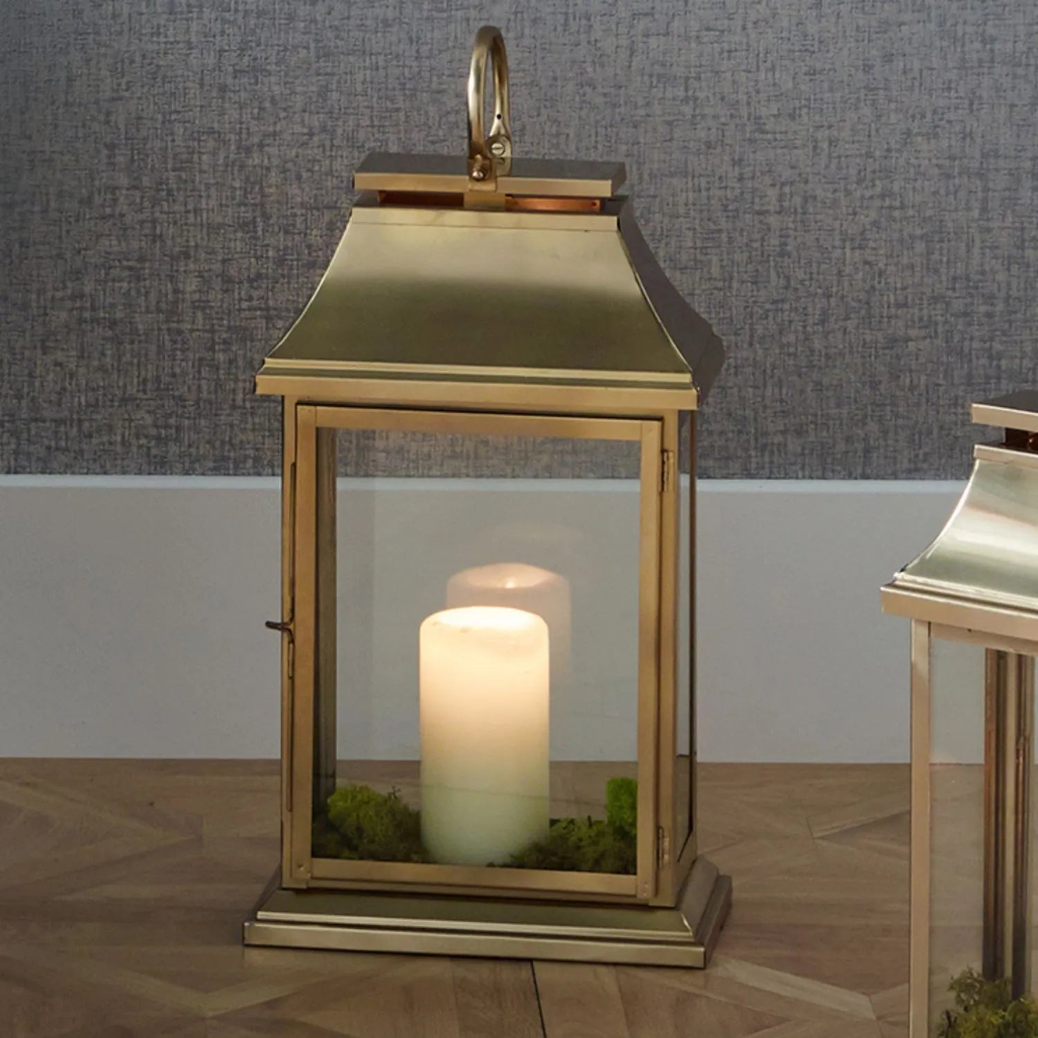 Antique Brass Lantern with Glass Panels & Metal Handle – Steel Candle Holder 43x25x13cm - Click Style