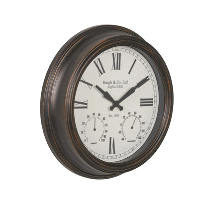 Antique Brass Round Indoor Outdoor Wall Clock with Roman Numerals & Temperature Humidity Dials 42x9cm - Click Style