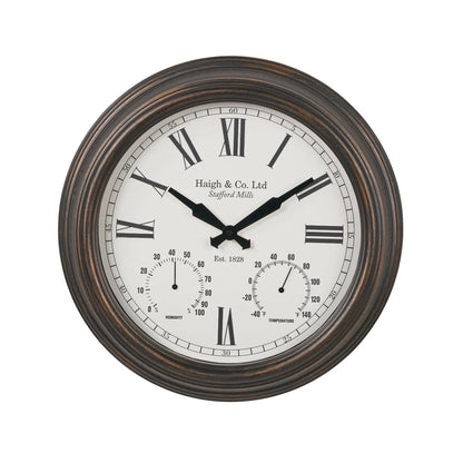 Antique Brass Round Indoor Outdoor Wall Clock with Roman Numerals & Temperature Humidity Dials 42x9cm - Click Style