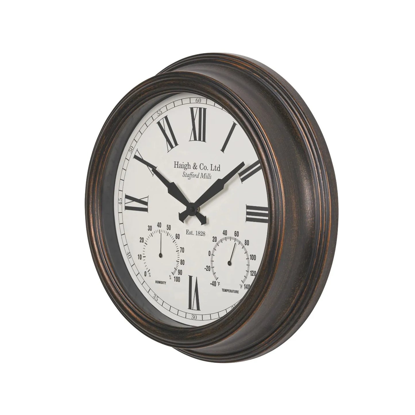 Antique Brass Round Indoor Outdoor Wall Clock with Roman Numerals & Temperature Humidity Dials 42x9cm - Click Style