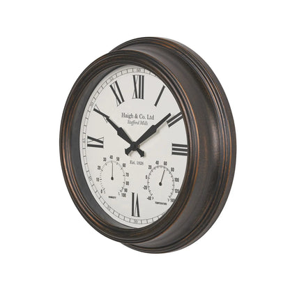 Antique Brass Round Indoor Outdoor Wall Clock with Roman Numerals & Temperature Humidity Dials 42x9cm - Click Style