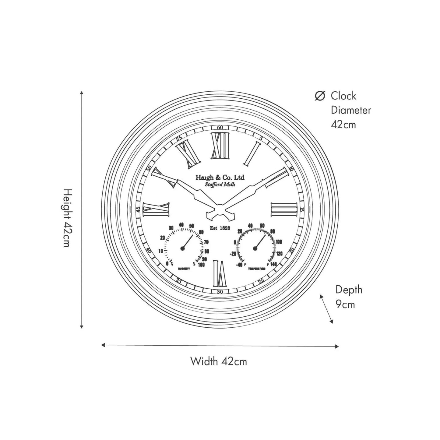 Antique Brass Round Indoor Outdoor Wall Clock with Roman Numerals & Temperature Humidity Dials Dimensions 42x9cm - Click Style