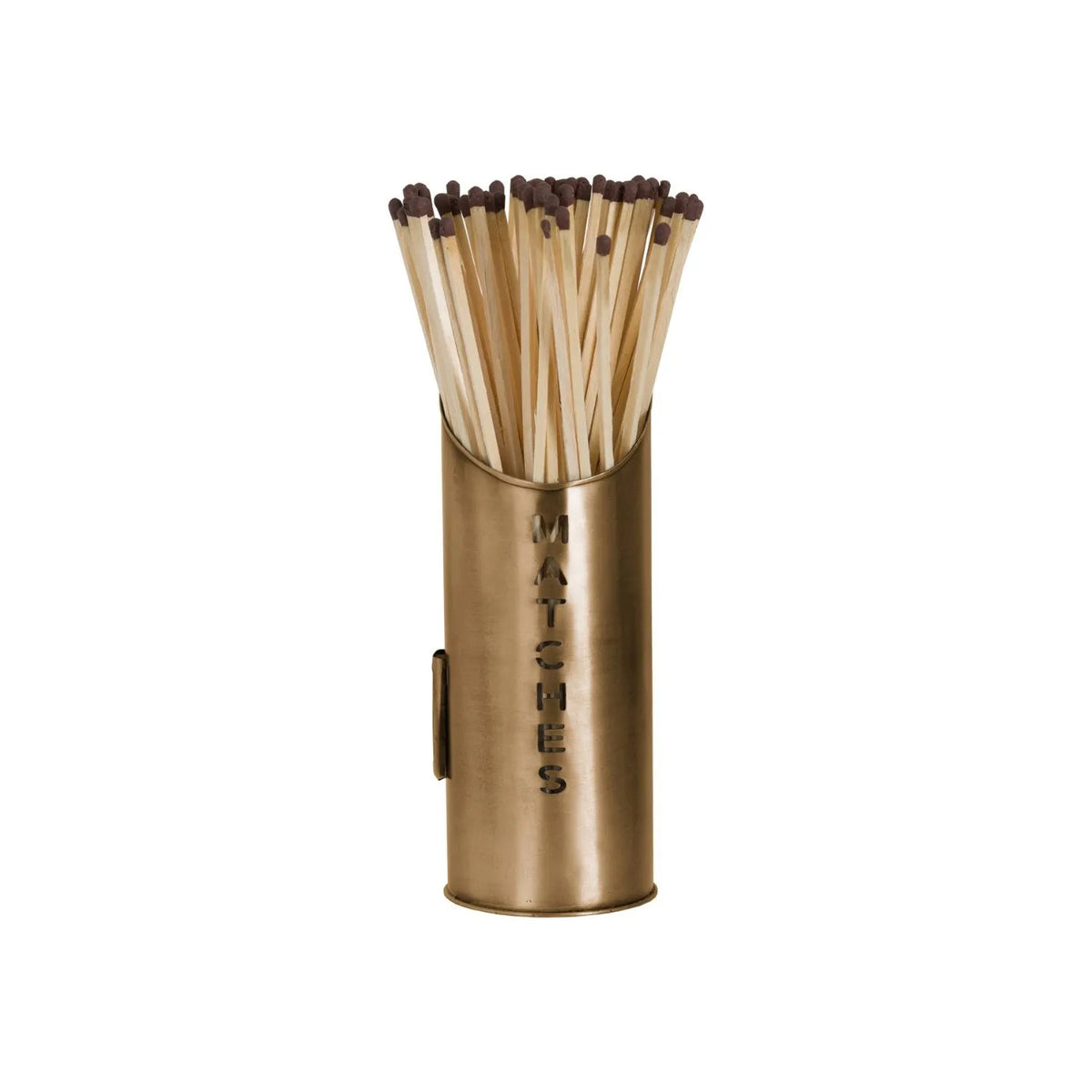 Antique Bronze Log & Kindling Buckets with Matchstick Holder – 3 Piece Metal Fireside Set with Cut-Out Lettering – MATCHES Holder with Long Matches | Click Style