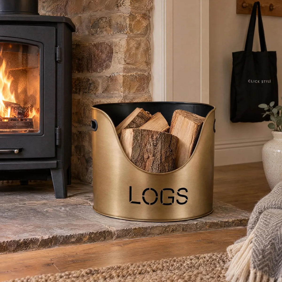 Antique Bronze Log & Kindling Buckets with Matchstick Holder – 3 Piece Metal Fireside Set with Cut-Out Lettering – LOGS Bucket with Firewood Beside Wood-Burning Stove | Click Style