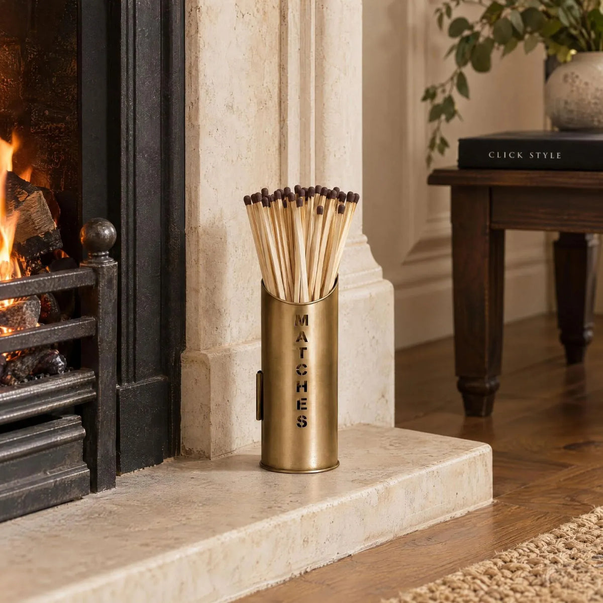 Antique Bronze Log & Kindling Buckets with Matchstick Holder – 3 Piece Metal Fireside Set with Cut-Out Lettering – MATCHES Holder with Long Fireside Matches Beside Fireplace | Click Style