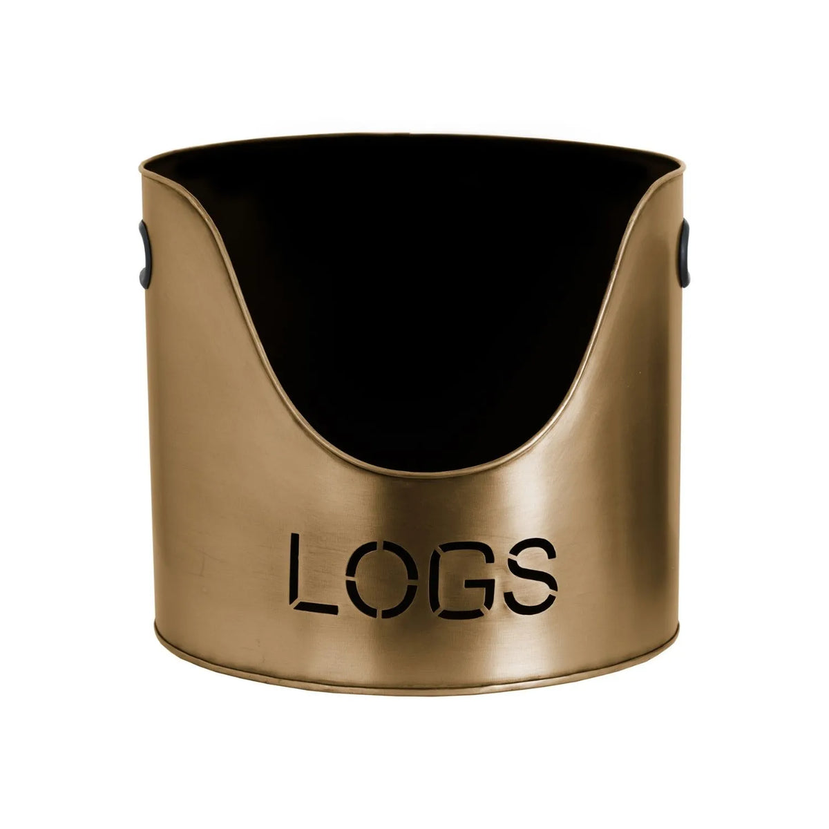 Antique Bronze Log & Kindling Buckets with Matchstick Holder – 3 Piece Metal Fireside Set with Cut-Out Lettering – Large LOGS Bucket | Click Style