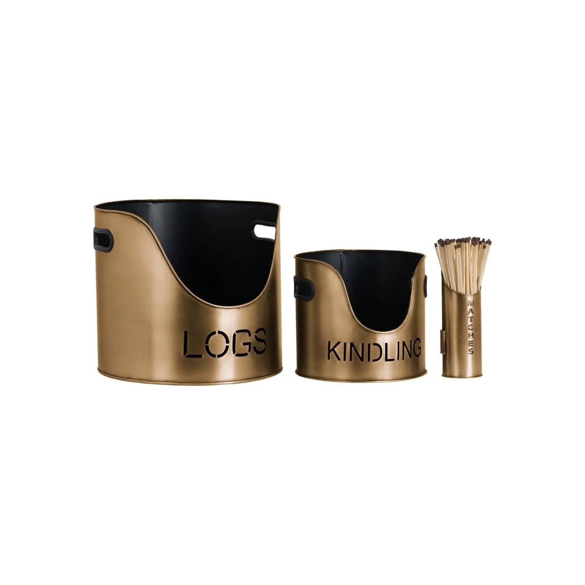 Antique Bronze Log & Kindling Buckets with Matchstick Holder – 3 Piece Metal Fireside Set with Cut-Out Lettering | Click Style