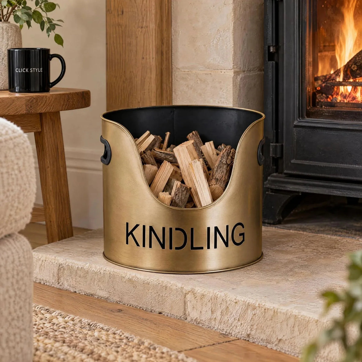 Antique Bronze Log & Kindling Buckets with Matchstick Holder – 3 Piece Metal Fireside Set with Cut-Out Lettering – KINDLING Bucket with Split Wood Beside Fireplace | Click Style