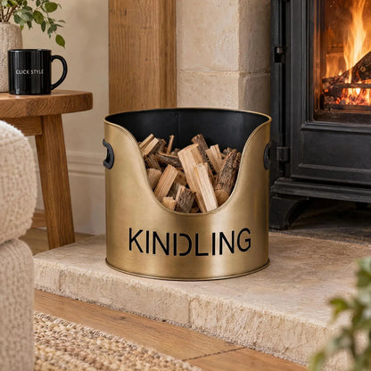 Antique Bronze Log & Kindling Buckets with Matchstick Holder – 3 Piece Metal Fireside Set with Cut-Out Lettering – KINDLING Bucket with Split Wood Beside Fireplace | Click Style