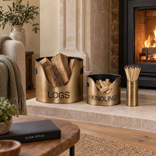 Antique Bronze Log & Kindling Buckets with Matchstick Holder – 3 Piece Metal Fireside Set with Cut-Out Lettering – Complete Set Styled Beside Fireplace | Click Style