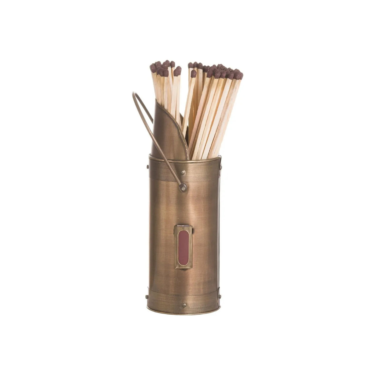 Antique Bronze Metal Matchstick Holder with 60 Long Matches & Built-In Striker – Decorative Fireside Match Holder 20x7x7cm Front View Showing Striker & Carry Handle | Click Style