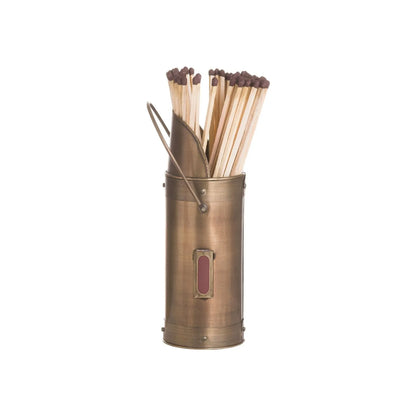 Antique Bronze Metal Matchstick Holder with 60 Long Matches & Built-In Striker – Decorative Fireside Match Holder 20x7x7cm Front View Showing Striker & Carry Handle | Click Style