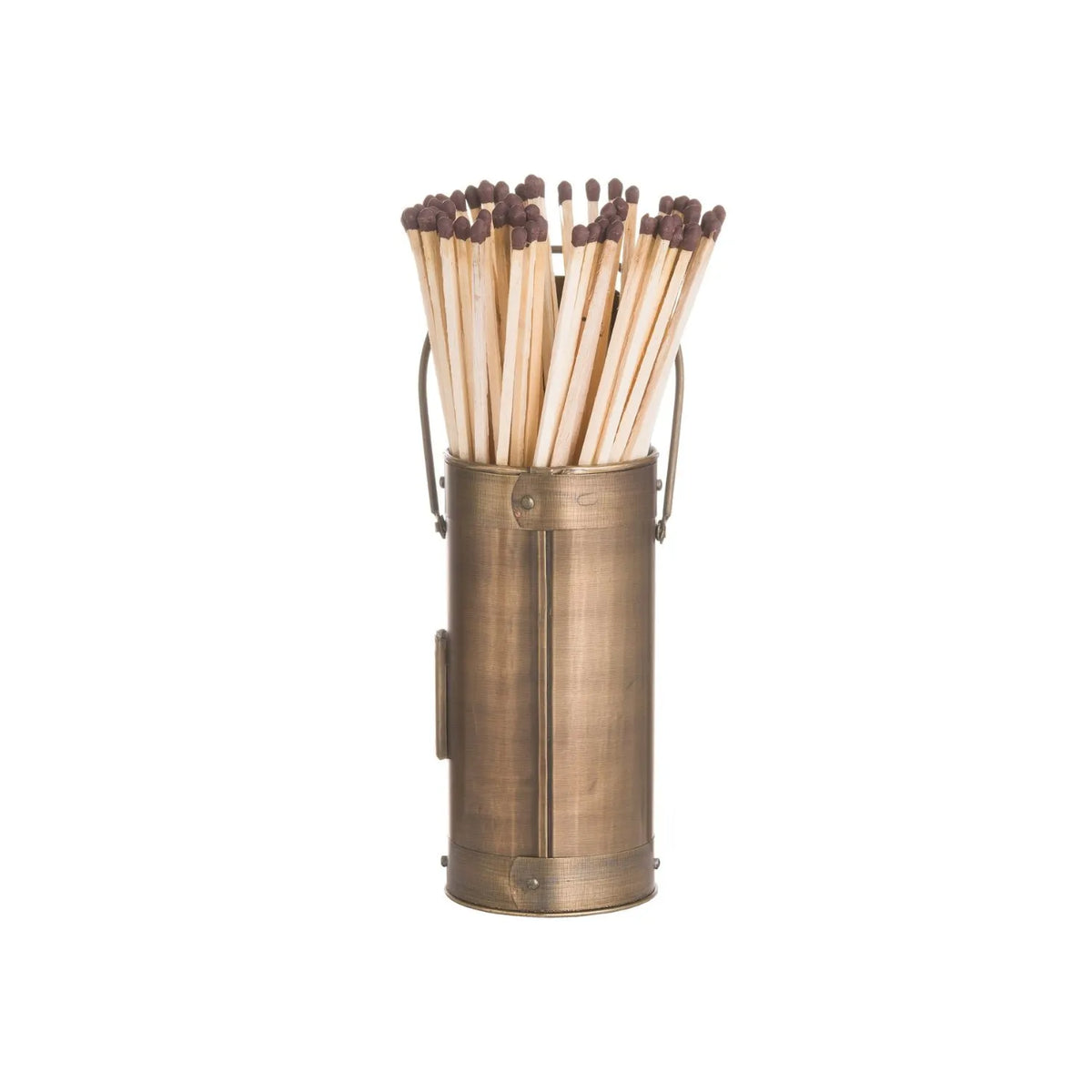 Antique Bronze Metal Matchstick Holder with 60 Long Matches & Built-In Striker – Decorative Fireside Match Holder 20x7x7cm Rear View with Carry Handle | Click Style