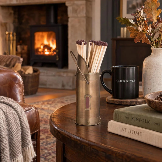 Antique Bronze Metal Matchstick Holder with 60 Long Matches & Built-In Striker – Decorative Fireside Match Holder 20x7x7cm Styled beside Fireplace | Click Style