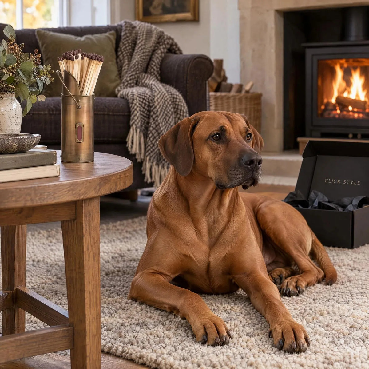 Antique Bronze Metal Matchstick Holder with 60 Long Matches & Built-In Striker – Decorative Fireside Match Holder 20x7x7cm with Rhodesian Ridgeback & Click Style Delivery Box | Click Style