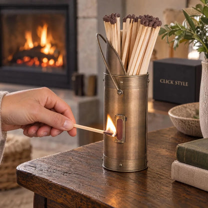 Antique Bronze Metal Matchstick Holder with 60 Long Matches & Built-In Striker – Decorative Fireside Match Holder 20x7x7cm Built-In Striker in Use | Click Style