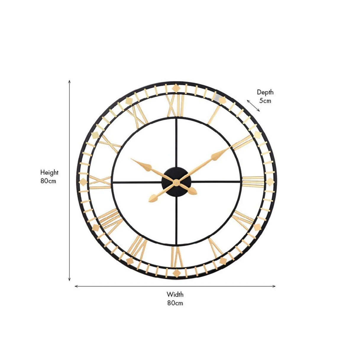 Antique Bronze & Black Metal Skeleton Wall Clock with Roman Numerals & Gold Hands – Large Round Open Frame Clock 80x80x5cm – 80cm Height Width & 5cm Depth Dimensions | Click Style