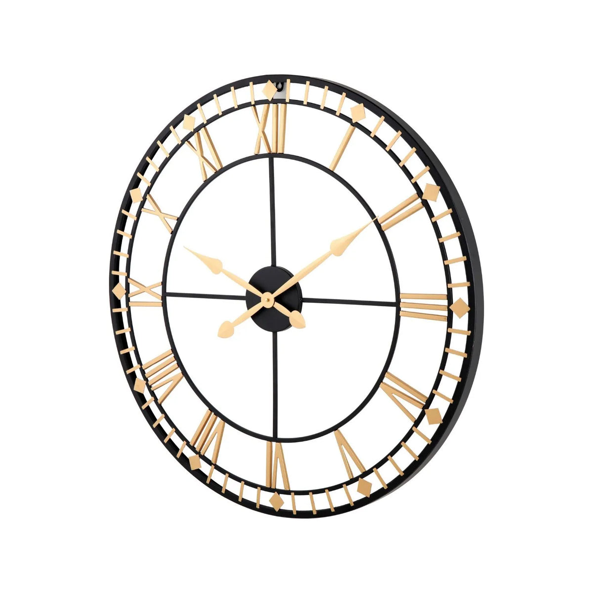 Antique Bronze & Black Metal Skeleton Wall Clock with Roman Numerals & Gold Hands – Large Round Open Frame Clock 80x80x5cm – Alternative Angled View | Click Style