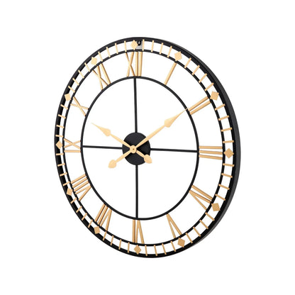 Antique Bronze & Black Metal Skeleton Wall Clock with Roman Numerals & Gold Hands – Large Round Open Frame Clock 80x80x5cm – Alternative Angled View | Click Style