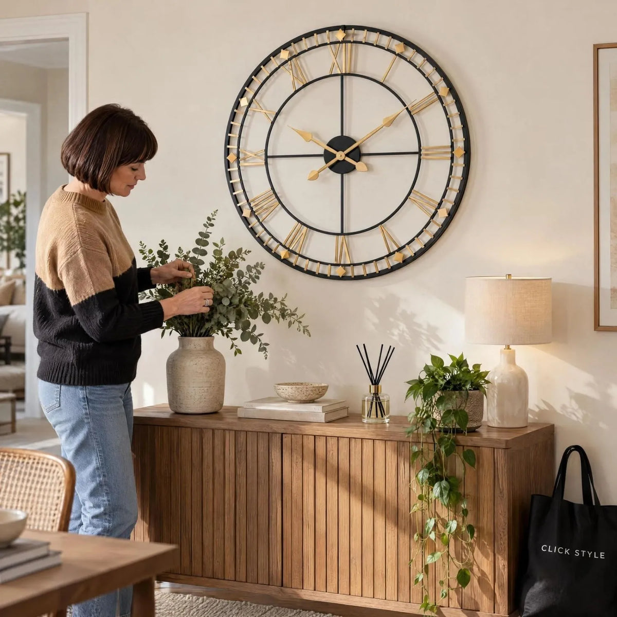 Antique Bronze & Black Metal Skeleton Wall Clock with Roman Numerals & Gold Hands – Large Round Open Frame Clock 80x80x5cm – Woman Styling Console Table | Click Style