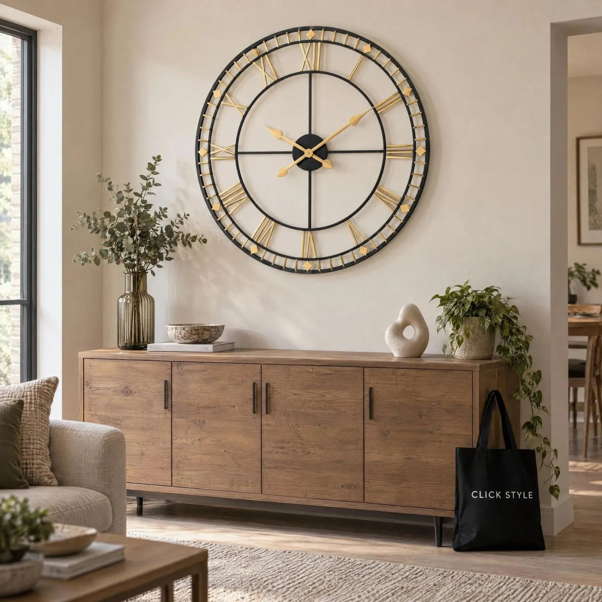 Antique Bronze & Black Metal Skeleton Wall Clock with Roman Numerals & Gold Hands – Large Round Open Frame Clock 80x80x5cm – Styled Above Wooden Sideboard | Click Style