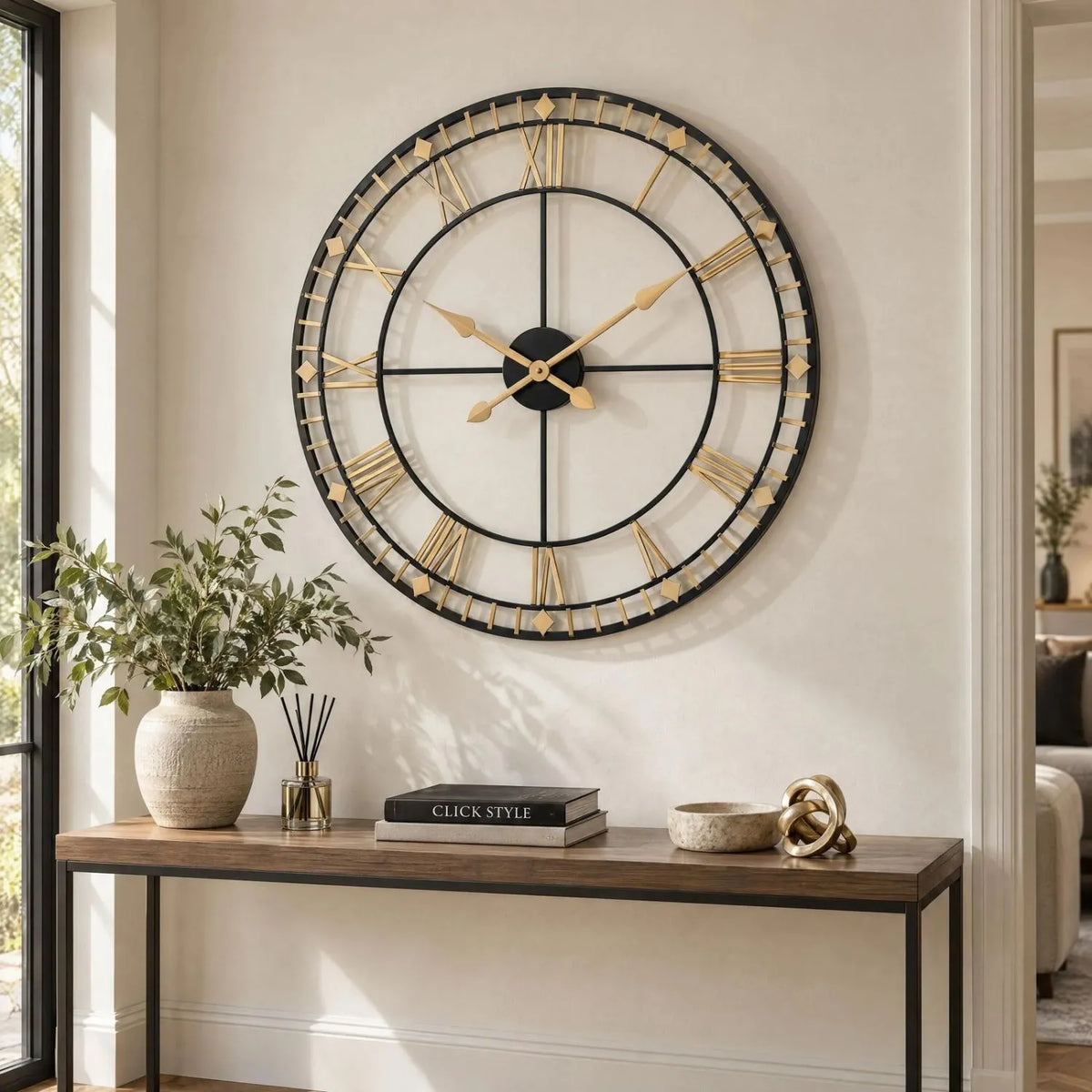 Antique Bronze & Black Metal Skeleton Wall Clock with Roman Numerals & Gold Hands – Large Round Open Frame Clock 80x80x5cm – Styled Above Console Table | Click Style