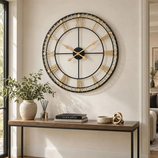 Antique Bronze & Black Metal Skeleton Wall Clock with Roman Numerals & Gold Hands – Large Round Open Frame Clock 80x80x5cm – Styled Above Console Table | Click Style