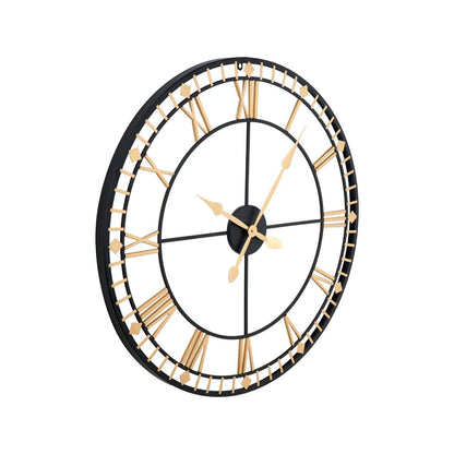 Antique Bronze & Black Metal Skeleton Wall Clock with Roman Numerals & Gold Hands – Large Round Open Frame Clock 80x80x5cm – Angled Side View | Click Style