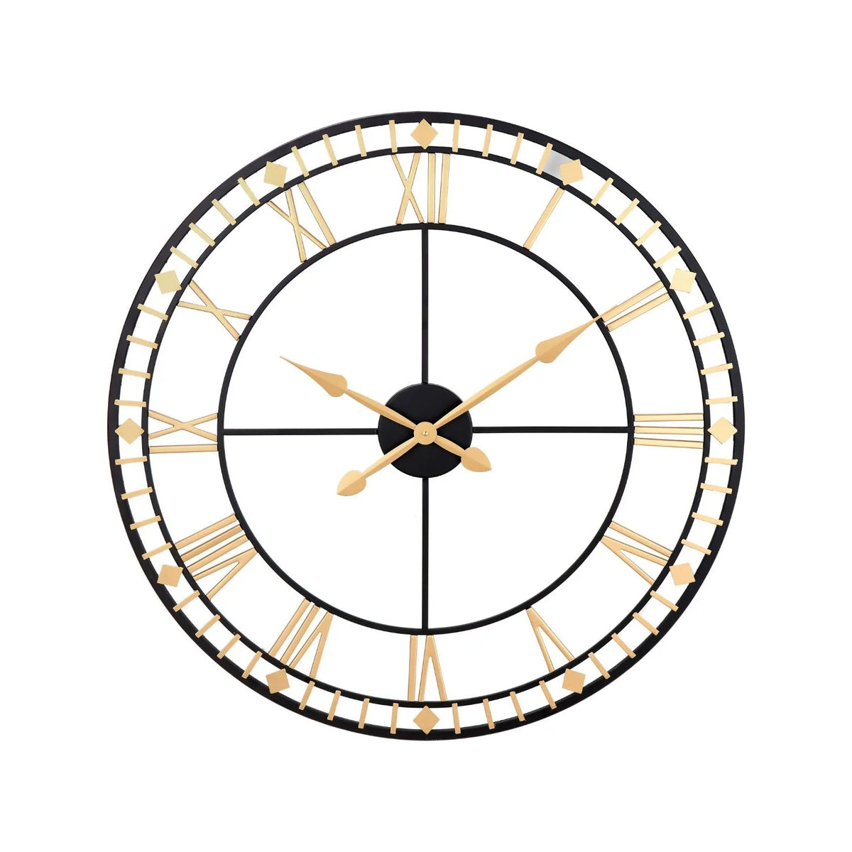 Antique Bronze & Black Metal Skeleton Wall Clock with Roman Numerals & Gold Hands – Large Round Open Frame Clock 80x80x5cm – Front View | Click Style