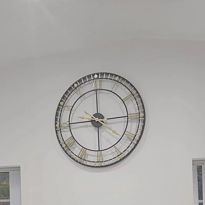 Antique Bronze & Black Metal Skeleton Wall Clock with Roman Numerals & Gold Hands – Large Round Open Frame Clock 80x80x5cm | Click Style Customer Image