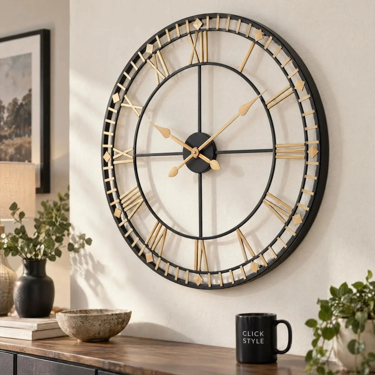 Antique Bronze & Black Metal Skeleton Wall Clock with Roman Numerals & Gold Hands – Large Round Open Frame Clock 80x80x5cm – Angled Open Frame Detail | Click Style
