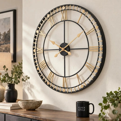 Antique Bronze & Black Metal Skeleton Wall Clock with Roman Numerals & Gold Hands – Large Round Open Frame Clock 80x80x5cm – Angled Open Frame Detail | Click Style