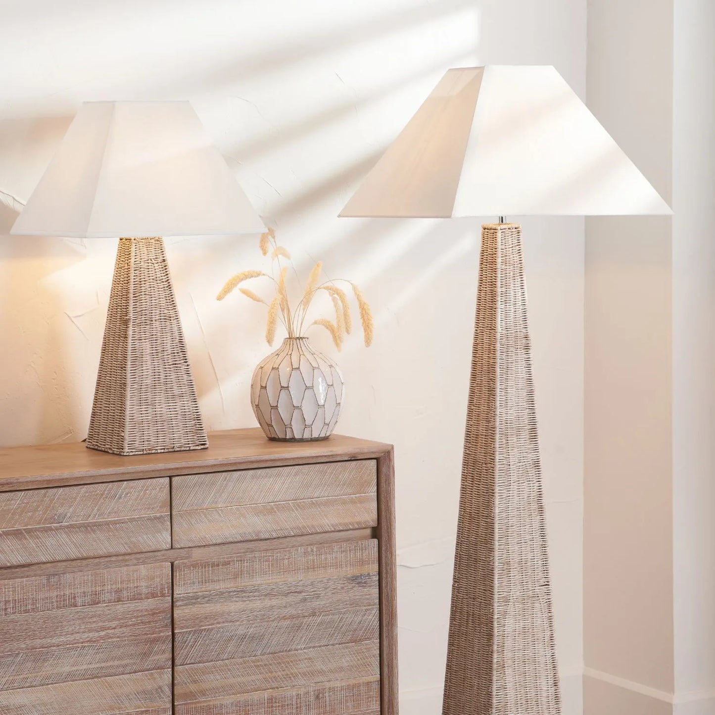 Antique Cream-Washed Rattan Pyramid Table Lamp Base With Gold Lampholder Woven Natural Table Light 49x18x18cm | Click Style