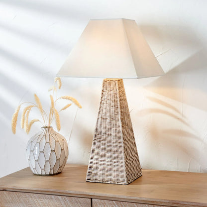 Antique Cream-Washed Rattan Pyramid Table Lamp Base With Gold Lampholder Woven Natural Table Light 49x18x18cm | Click Style
