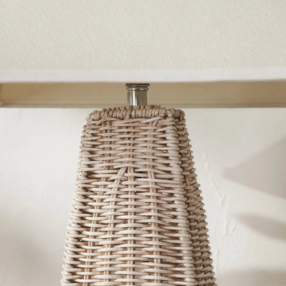 Antique Cream-Washed Rattan Pyramid Table Lamp Base With Gold Lampholder Woven Natural Table Light 49x18x18cm | Click Style
