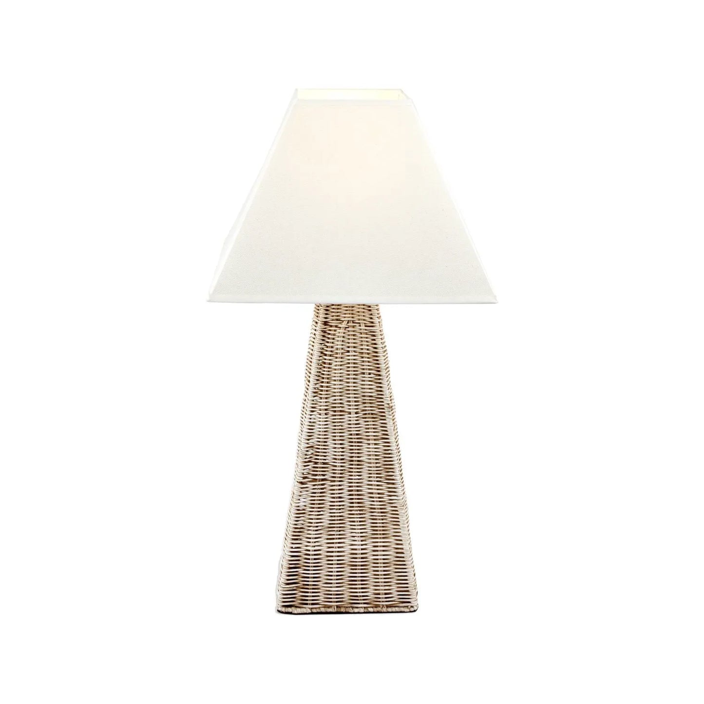 Antique Cream-Washed Rattan Pyramid Table Lamp with 35cm Cream Cotton Tapered Lampshade – Woven Natural Table Light 65x35x35cm | Click Style