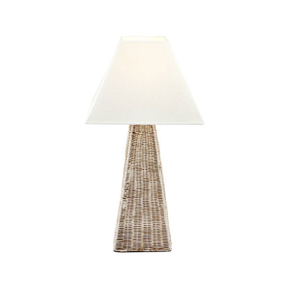 Antique Cream-Washed Rattan Pyramid Table Lamp with 35cm Cream Cotton Tapered Lampshade – Woven Natural Table Light 65x35x35cm | Click Style