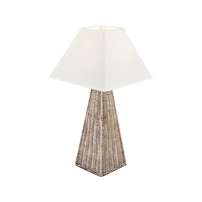 Antique Cream-Washed Rattan Pyramid Table Lamp with 35cm Cream Cotton Tapered Lampshade – Woven Natural Table Light 65x35x35cm | Click Style